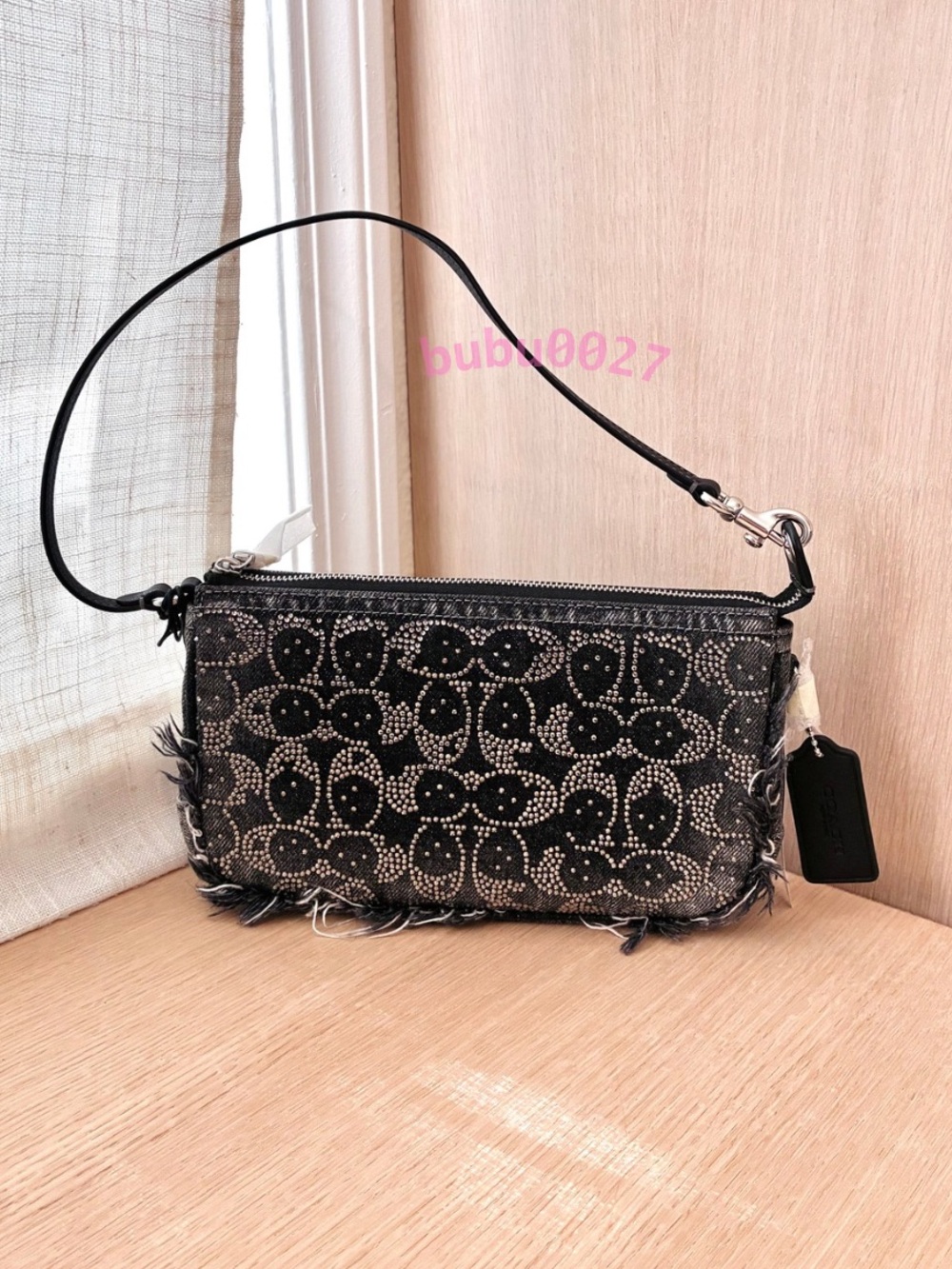 NWT🖤Coach Crystal Denim Black Plaza Shoulder Bag Signature Shiny Silver y2k